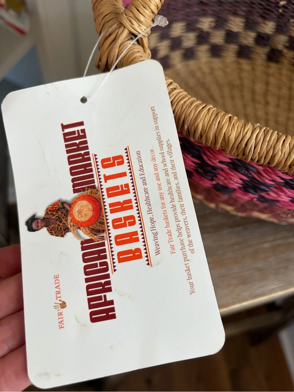 African Handwoven Ghanaian Straw Basket with Leather Handle pink red beige